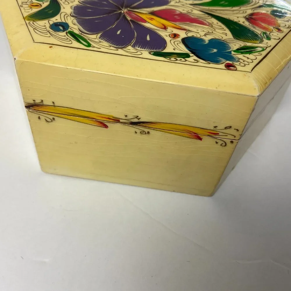 Vintage Floral Hand Painted Wood Trinket Box